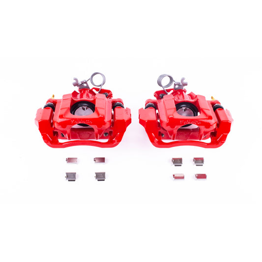 Pair of PowerStop red rear brake calipers with brackets for Ford Edge 2011-2014, performance automotive braking components