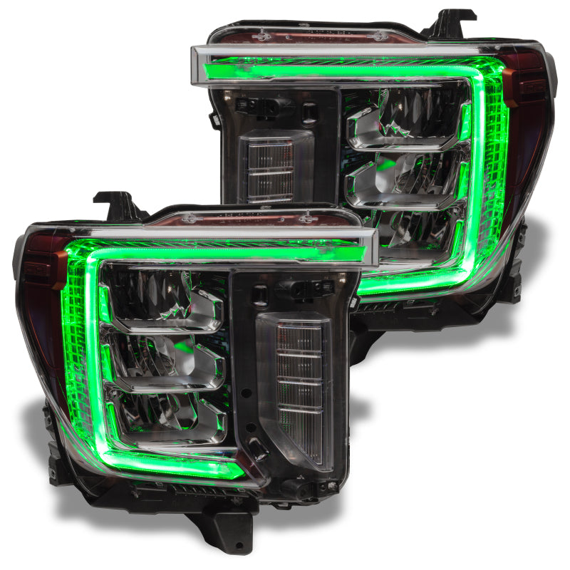 Oracle GMC Sierra 2500/3500 HD RGB+W headlight DRL kit with BC1 controller, featuring LED headlight components and colorful lighting.