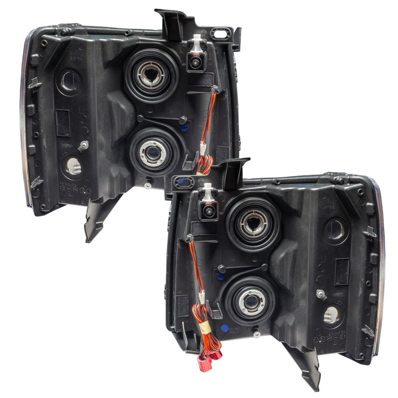 Oracle Lighting blue assembled round halo headlights for Chevrolet Silverado 2007-2013, featuring stylish round design and bright blue halos.