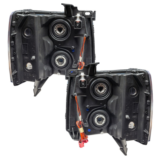 Oracle Lighting Chevy Silverado round halo headlights with red accents, assembled headlight with integrated halo rings for 2007-2013 models.