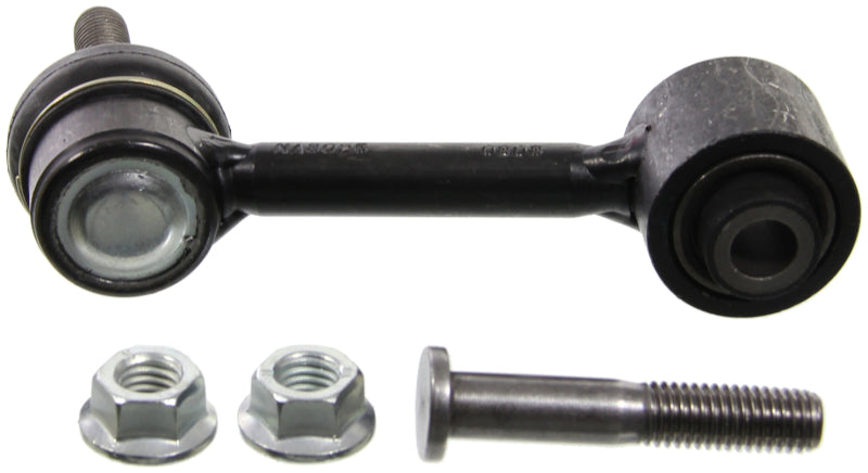 Moog rear sway bar endlink for 2015-2018 Audi Q3, close-up view showing metal construction and mounting hardware.