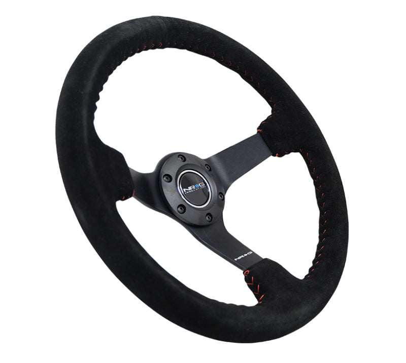 NRG reinforced steering wheel with 350mm black suede and red basketball stitch, 3-inch deep dish, matte black spokes.