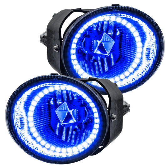 Oracle Lighting blue LED halo fog lights installed on a Nissan Frontier, showcasing pre-assembled fog light assembly with halo ring.