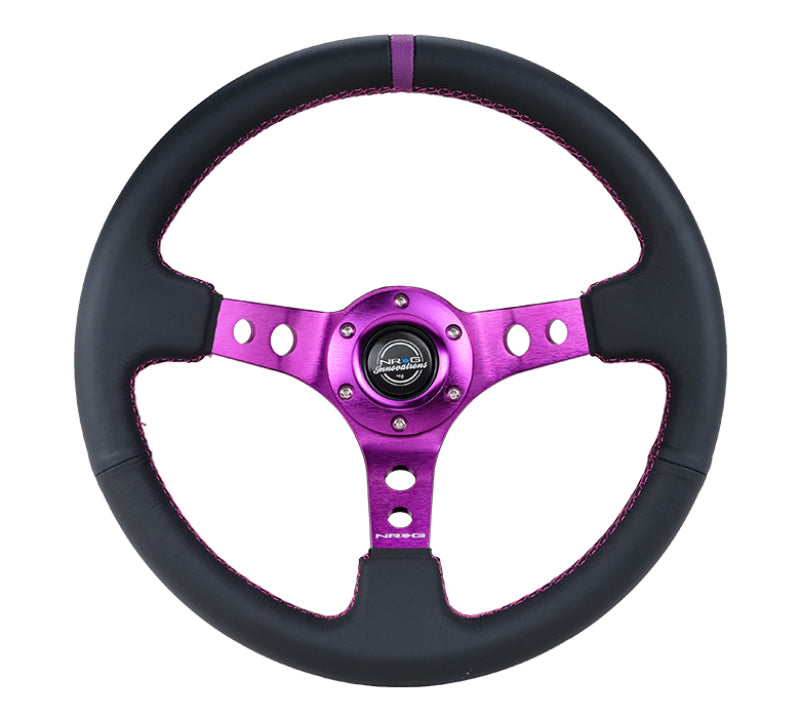 NRG black leather reinforced steering wheel, 350mm, 3-inch deep, with purple center and purple stitching for sporty interior look