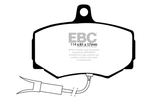EBC Redstuff front brake pads for 1988-1989 Jaguar XJ6 3.6, high-performance brake pads with red friction material.