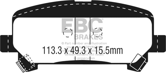 EBC 15+ Chevrolet Colorado 2.5 Ultimax2 rear brake pads, OE style, shown in a close-up view of the brake pad set.