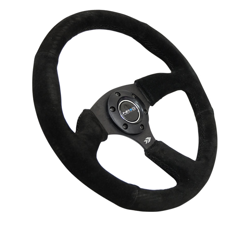 NRG reinforced steering wheel with black suede grip, 350mm diameter, 2.5-inch deep, matte black spokes, sporty design