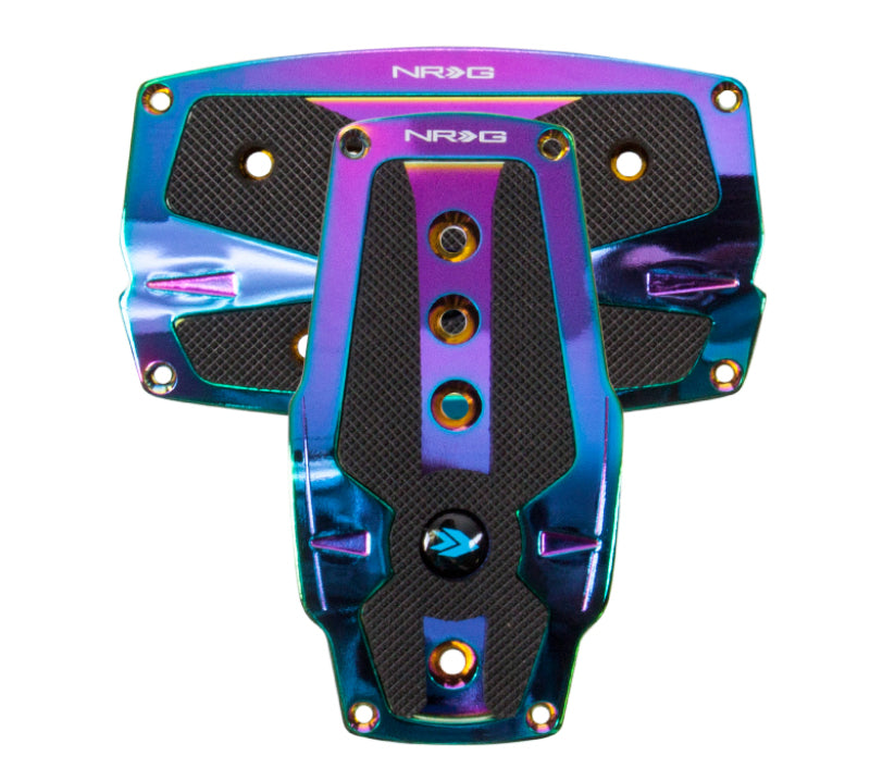 NRG Aluminum Sport Pedal Cover for automatic vehicles with neochrome finish and black rubber inserts, enhancing pedal look and grip.