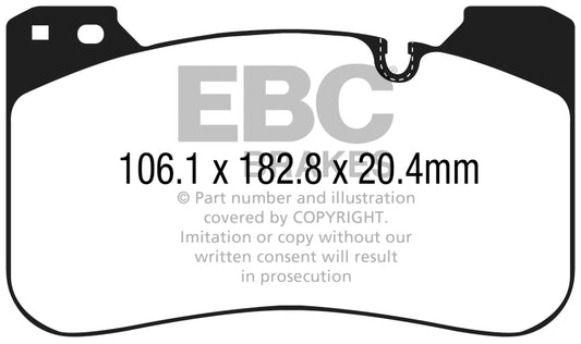 EBC Redstuff front brake pads for BMW M5 F90 4.4TT 2018+ performance brake system, showing the red friction material.