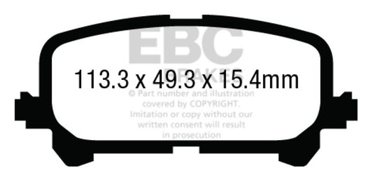 EBC 14+ Acura MDX 3.5 Ultimax2 rear brake pads, OE type, showing the brake pad set with friction surfaces and mounting holes.