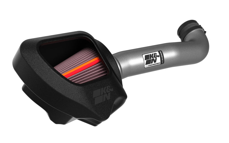 K&N 12-18 Jeep Wrangler NextGen aluminum cold air intake installed, showcasing the sleek intake tube and filter components.