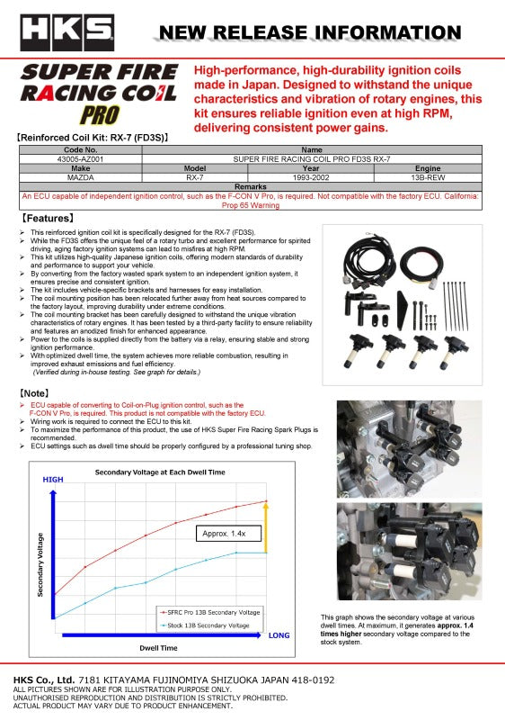 HKS Super Fire Racing Coil Pro for Mazda RX-7 FD3S, stock replacement ignition coil, black with HKS branding and connectors