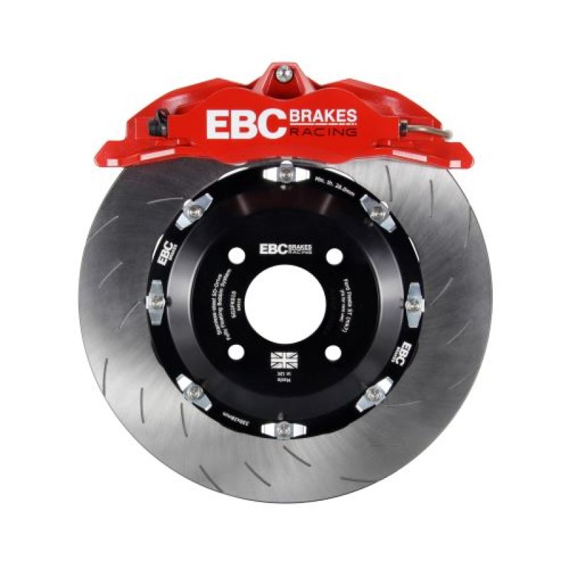 EBC Racing Volkswagen GTI Mk7 red Apollo-4 big brake calipers with 355mm rotors, front high-performance brake kit.