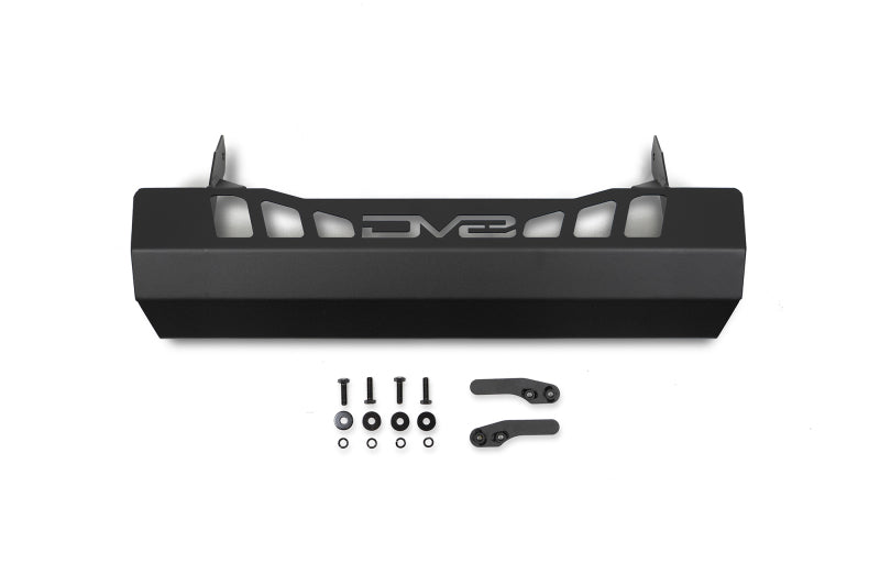 DV8 Offroad Jeep Wrangler JL/JT front bumper sway-bar disconnect motor skid plate showing durable metal construction and mounting details.
