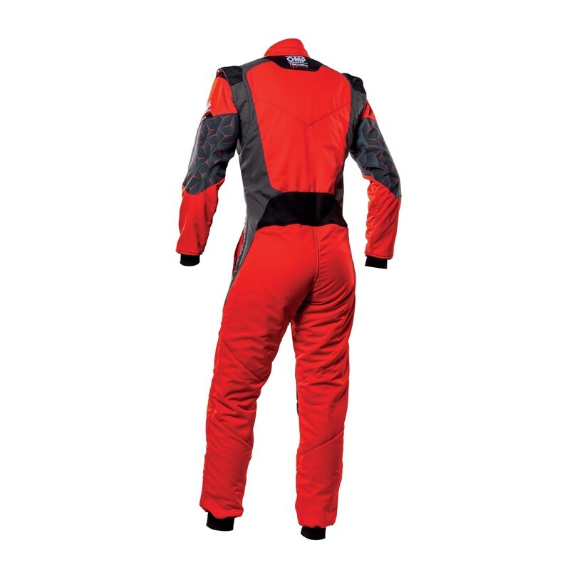 OMP Tecnica Hybrid racing suit in black and silver, FIA 8856-2018 certified, size 48, designed for motorsport safety and comfort.