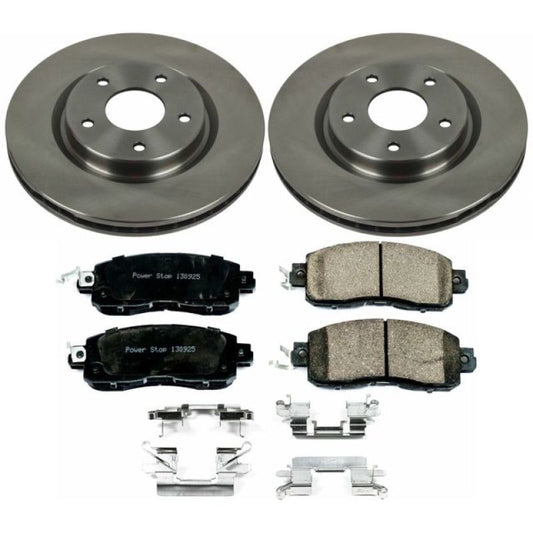 PowerStop OE front brake kit for Nissan Leaf 2014-2017, includes brake rotors and pads, designed for reliable stopping power.