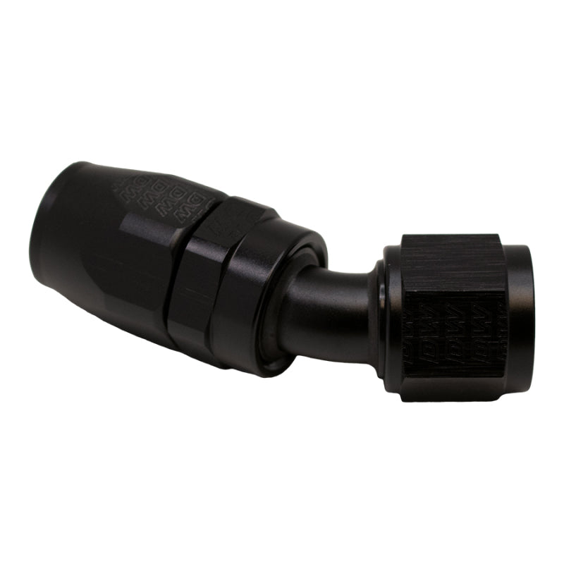 DeatschWerks 10AN female flare swivel hose end fitting in anodized matte black, designed for high-performance automotive applications.