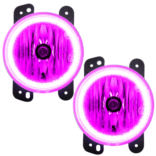 Oracle Lighting pink LED halo fog lights for Jeep Wrangler JK 2010-2015, pre-assembled with bright, colorful illumination.