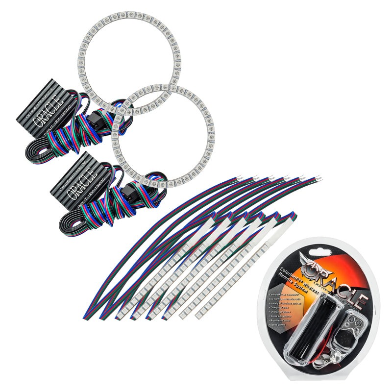 Oracle Lighting Ford Mustang V6 GT Shelby headlights with ColorSHIFT DRL upgrade and halo kit, featuring sleek headlight design.
