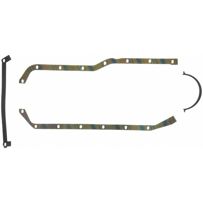 Fel-Pro Chevrolet S10 OS 30409 C engine oil pan gasket set with blue stripe cork-rubber, showing gasket components and packaging.