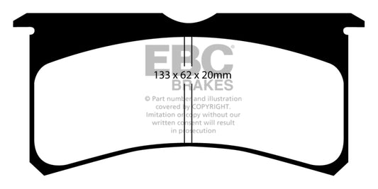EBC Brakes Redstuff ceramic performance brake pads showing black friction material with red EBC branding for enhanced stopping power.