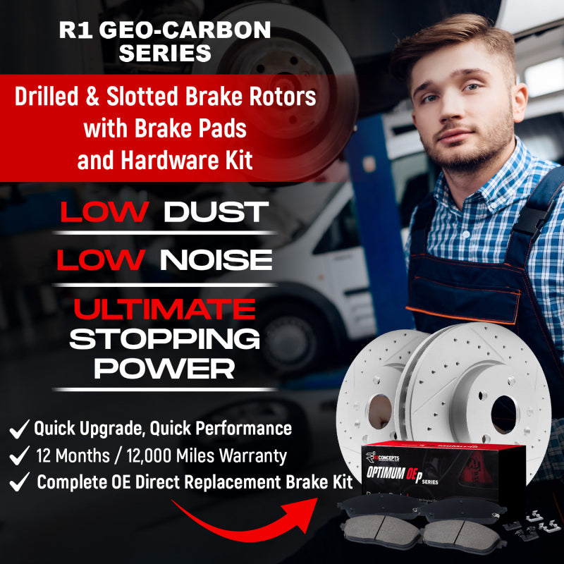 R1 Concepts Nissan Sentra 2013-2019 front drilled and slotted carbon-coated brake rotors with Optimum brake pads, close-up view