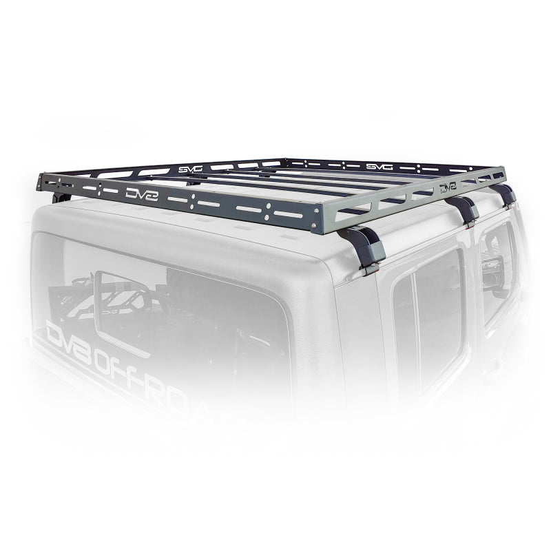 DV8 Offroad Jeep Wrangler JK, JL, Gladiator roof rack mounted on vehicle, designed for off-road adventure and cargo storage.
