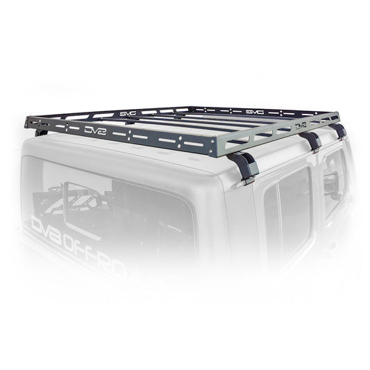 DV8 Offroad Jeep Wrangler JK, JL, Gladiator roof rack mounted on vehicle, designed for off-road adventure and cargo storage.