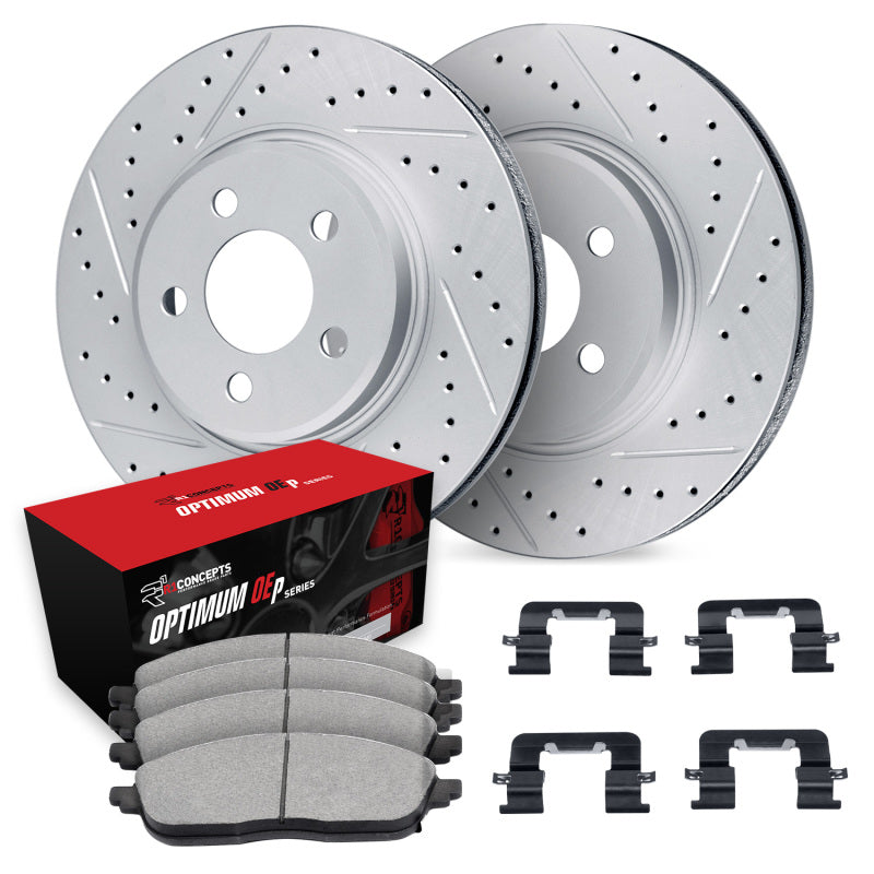 R1 Concepts front brake rotors for Nissan Sentra 2013-2019, drilled and slotted carbon-coated rotors with pads.