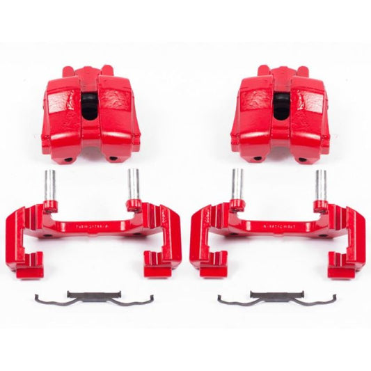 Pair of PowerStop red front brake calipers with brackets for Ford Escape 2009-2012, performance brake calipers, natural view of the components