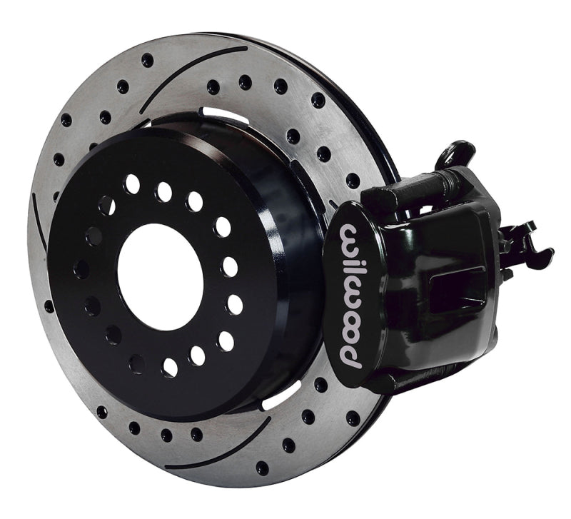 Wilwood rear parking brake kit with black drilled brake calipers, 12.19-inch diameter rotor, 0.81-inch rotor thickness, performance brake.