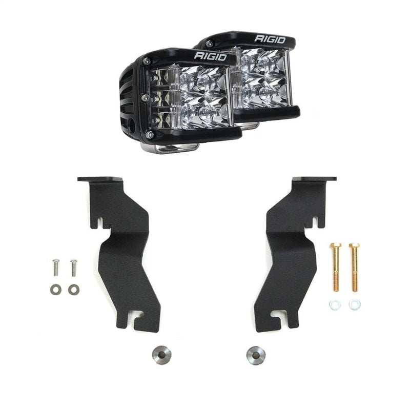 Rigid Industries D-SS light bar kit installed on GMC Yukon and Chevrolet Tahoe/Suburban, with LED light bars and cubes for off-road lighting.