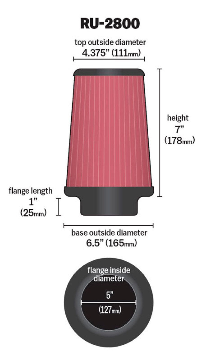 K&N Engineering universal rubber air filter with 5-inch flange, 6.5-inch base, 4.38-inch top, and 7-inch height.
