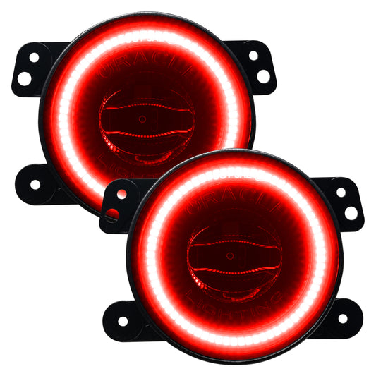 Oracle Lighting high performance red LED fog lights for Jeep Wrangler JK, JL, and JT with durable housing and bright illumination.