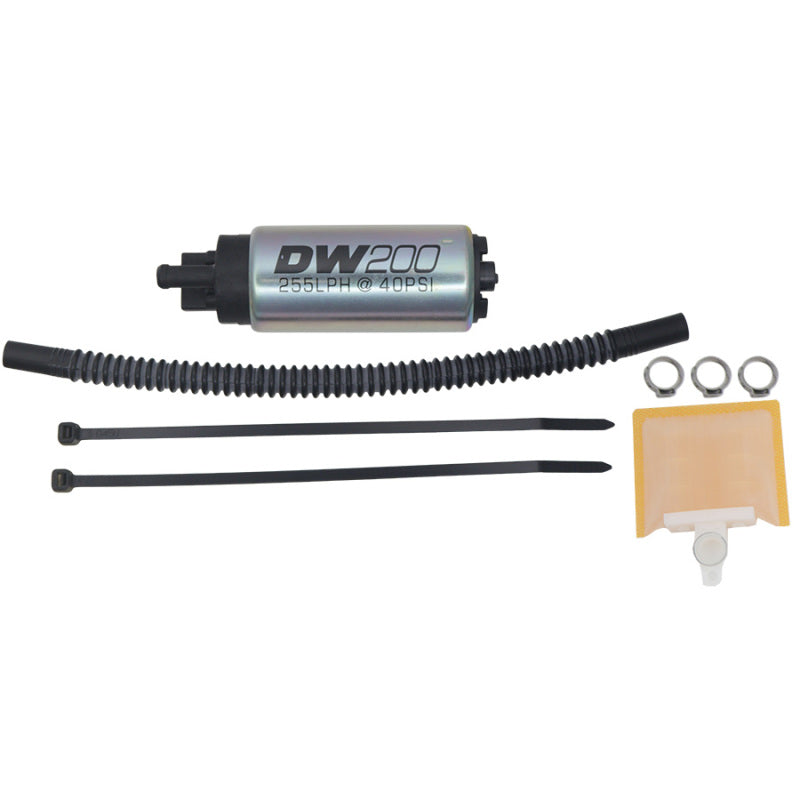 DeatschWerks 255 LPH in-tank fuel pump with setup kit for 2002-2007 Harley-Davidson Electra Glide motorcycle, showing pump components.