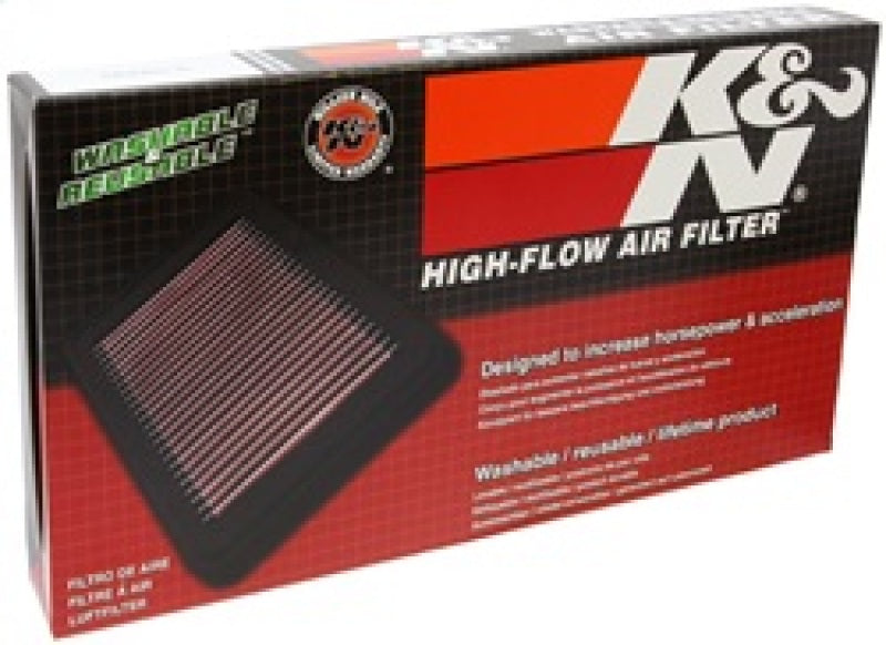 K&N Engineering replacement engine air filter, panel drop-in style, measuring 10.688in length, 7.125in width, 1.125in height.