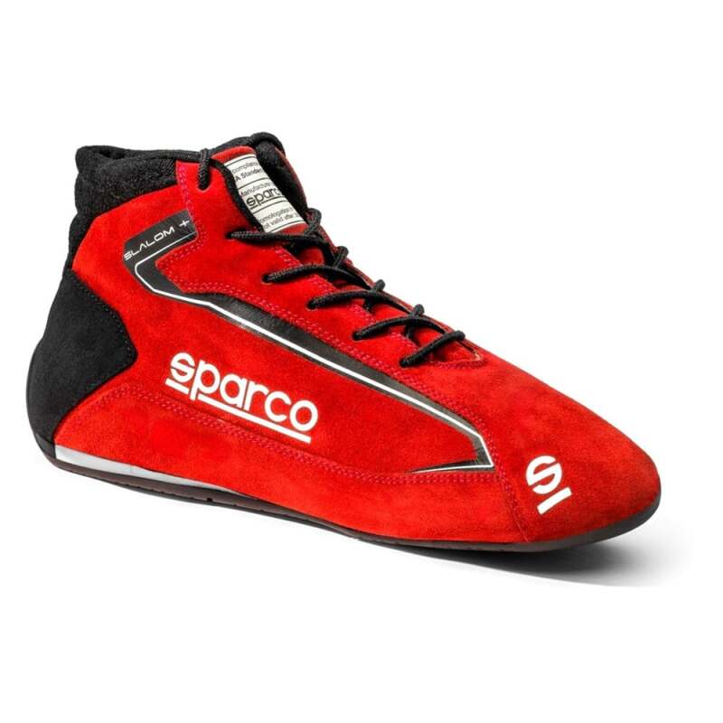 Red Sparco Slalom+ racing shoes in size 44, featuring sleek design and racing grip suitable for motorsport enthusiasts.