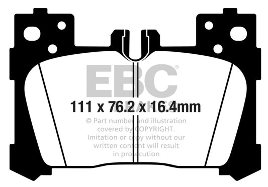 EBC Redstuff rear brake pads for Lexus LC500 5.0L 2018+ performance braking system, shown in red with brake pad details.