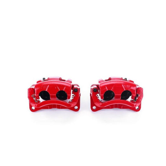 Pair of PowerStop 07-10 Ford Edge front red performance brake calipers with brackets, designed for enhanced stopping power.
