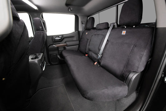 Covercraft Carhartt Super Dux front seat cover on Jeep Wrangler bucket seats, durable custom seat protection.