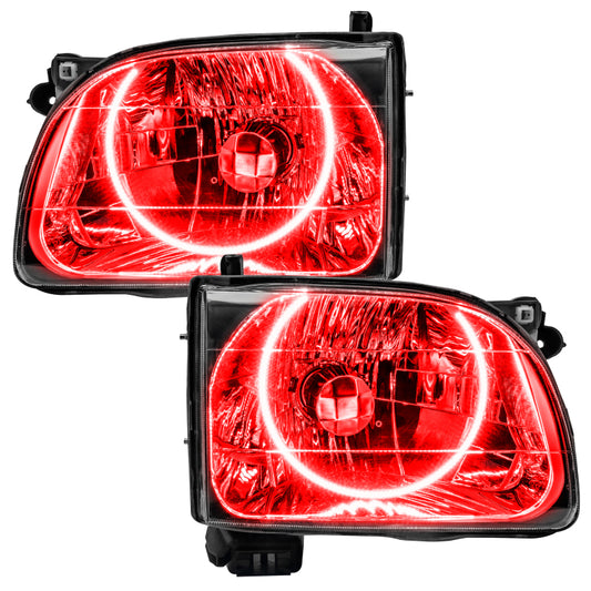 Oracle Lighting red pre-assembled LED halo headlights for 2001-2004 Toyota Tacoma, with bright red halo rings and clear lenses.
