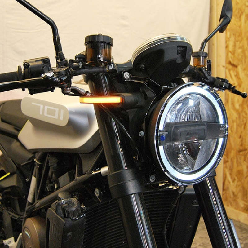 New Rage Cycles front turn signals for Husqvarna Vitpilen 701, motorcycle corner lights in black with clear lenses.
