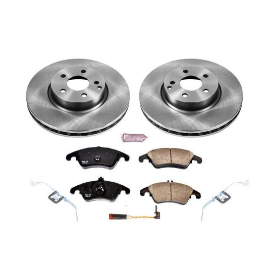 PowerStop OE brake kit for Mercedes-Benz C300 2013-2014 front assembly with brake rotors and pads installed.