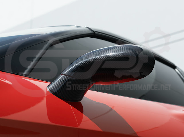 Set of four dry carbon fiber Chevy Corvette C6 side mirror cap covers, tape-on style, for 2005-2013 models by Street Driven Performance