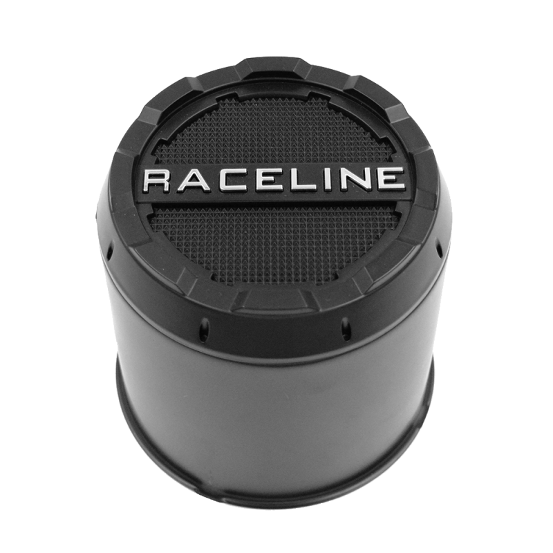 Black Raceline Defender trailer wheel center cap with 4.900 hub bore, designed for durable fit and stylish appearance.