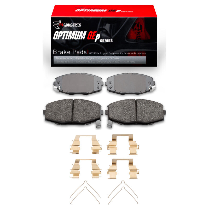 R1 Concepts OE brake pads and hardware kit for 1986-1992 Toyota Supra, front replacement brake pad set with hardware.