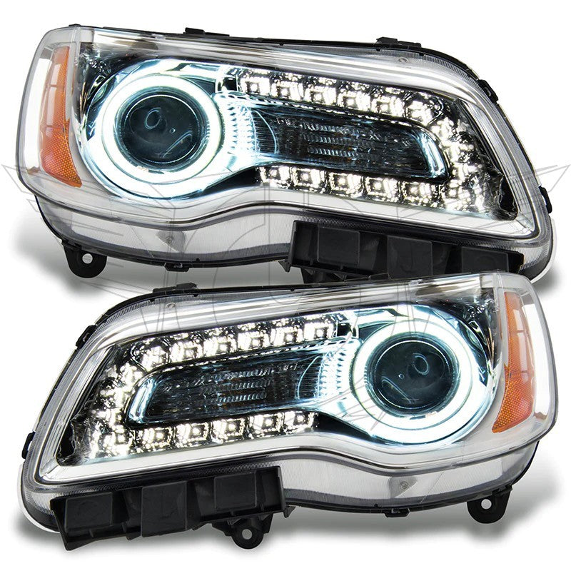 Oracle Lighting Chrysler 300C headlights with chrome housing and blue LED halo rings, designed for 2011-2014 models.