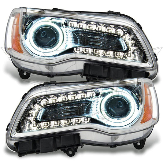 Oracle Lighting Chrysler 300C headlight with chrome finish, non-HID ColorSHIFT SMD LED headlights with BC1 controller.
