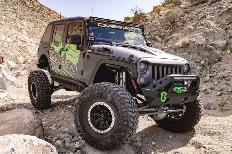 DV8 Offroad Jeep Wrangler JK metal hood with heat dispersion vents in primer black, designed for off-road durability and style.