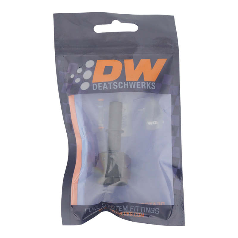DeatschWerks black anodized 8AN female flare swivel fitting with 3/8 inch male EFI quick disconnect for fuel system connections